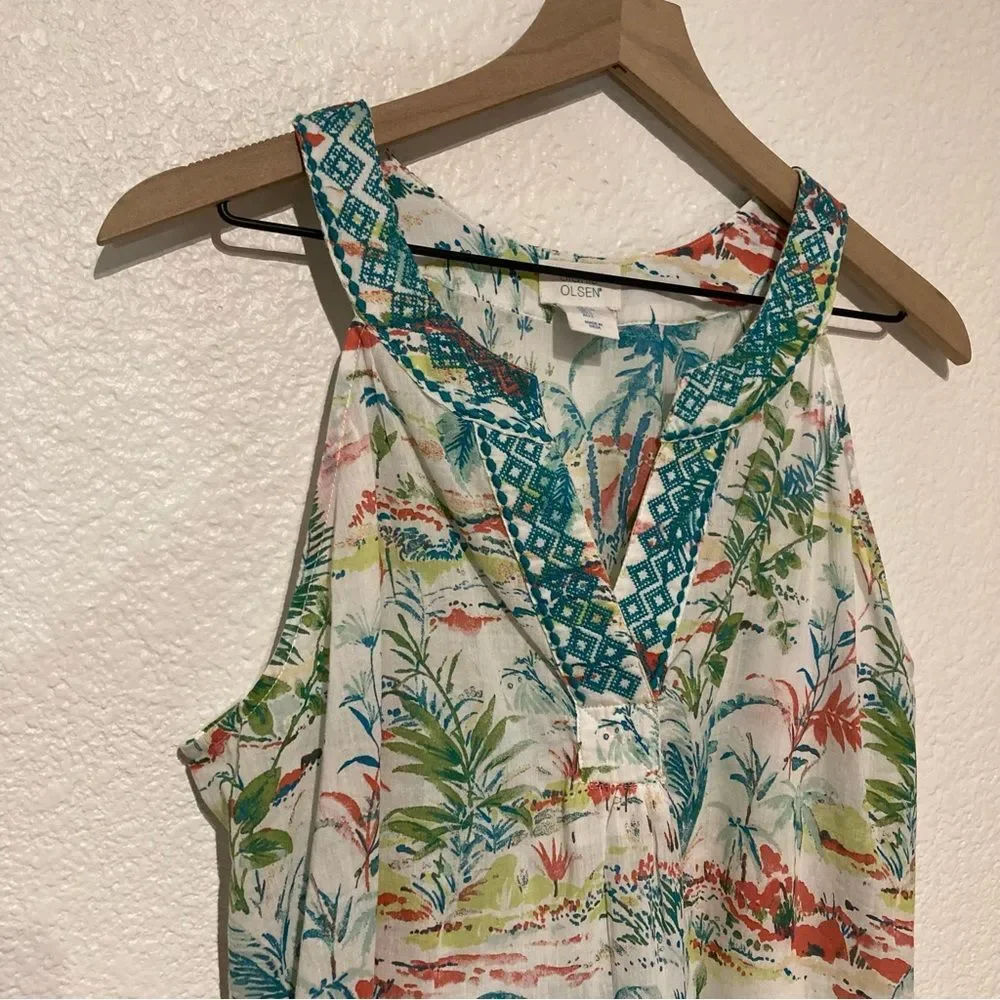 Sigrid Olsen Tropical Print Sleeveless Top Large Embroidered